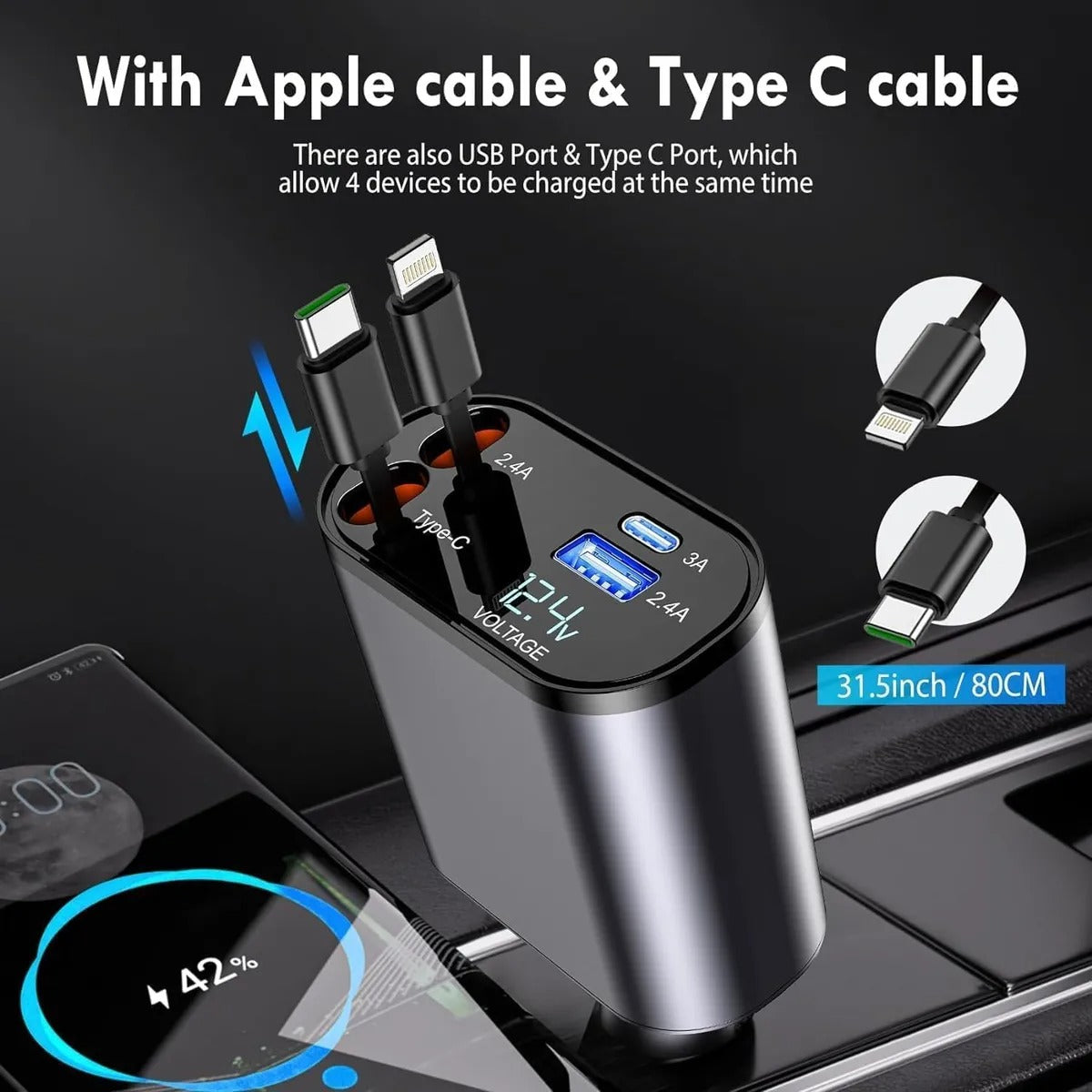 120W 4-in-1 Retractable Fast Car Charger | Type-C & iPhone Compatible