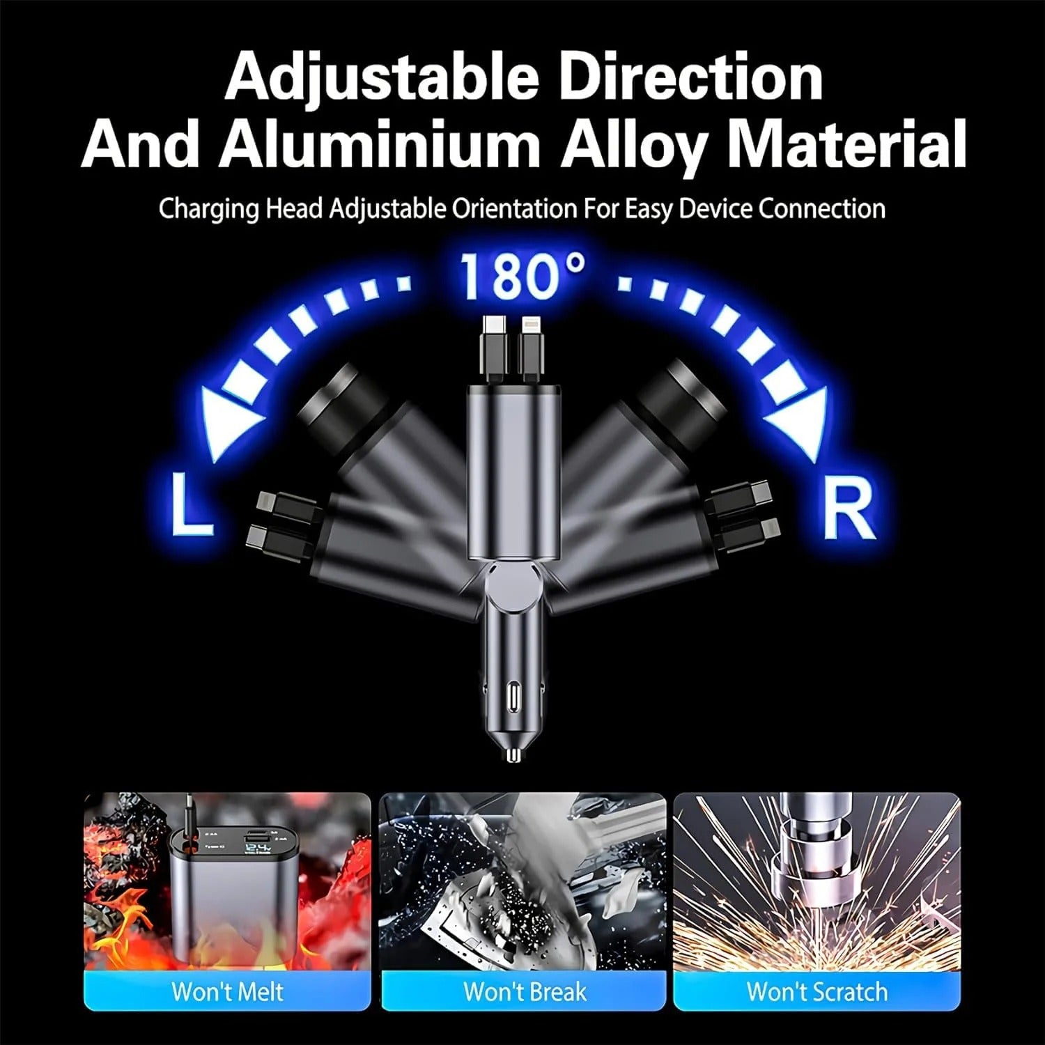 120W 4-in-1 Retractable Fast Car Charger | Type-C & iPhone Compatible