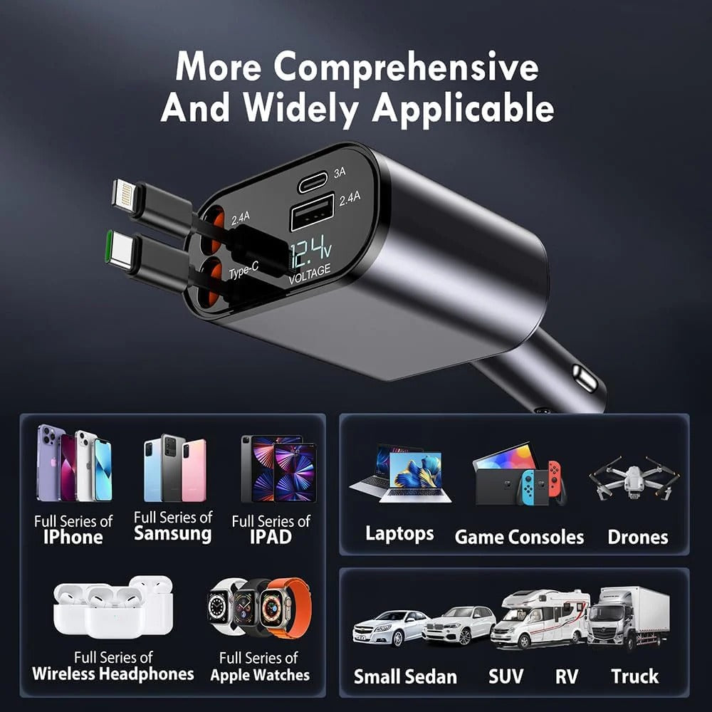120W 4-in-1 Retractable Fast Car Charger | Type-C & iPhone Compatible